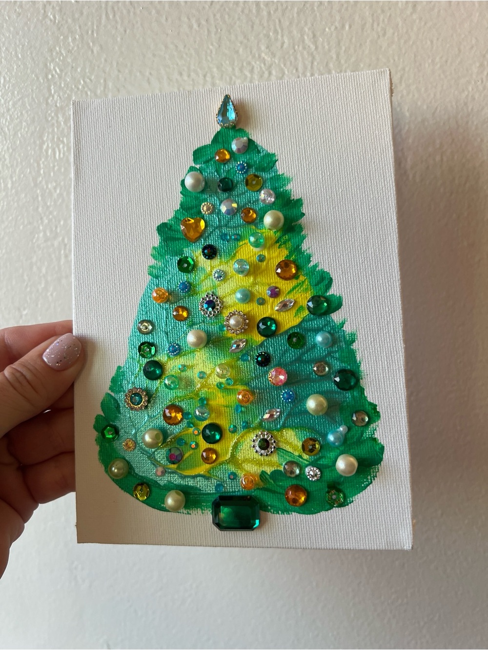 Handmade Green & Yellow Christmas Tree Canvas with Gem Embellishments 5x7 inch - Picture 3 of 8